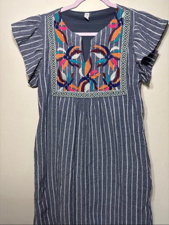 L Love Dresses & Skirts - Striped Embroidered Mini Dress - Gray with Multicolor Floral Yoke